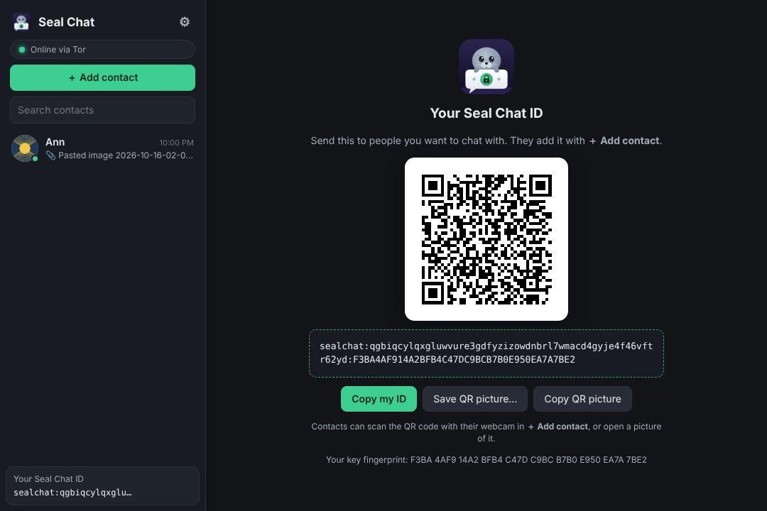 Seal Chat's home screen showing a QR code of the user's ID